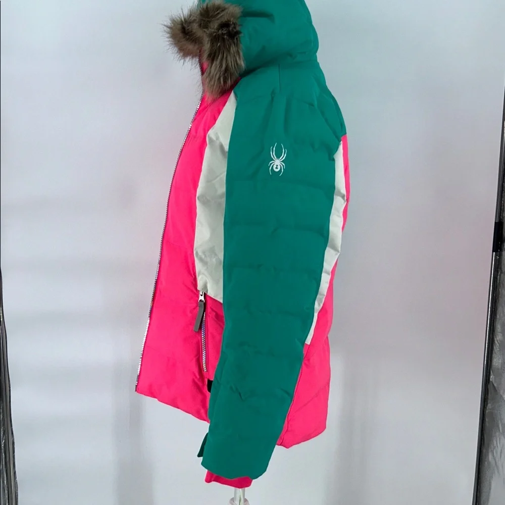 Spyder Girls Insulated Ski Jacket Pink Green Faux Fur Hood Size 16 - Picture 14 of 16